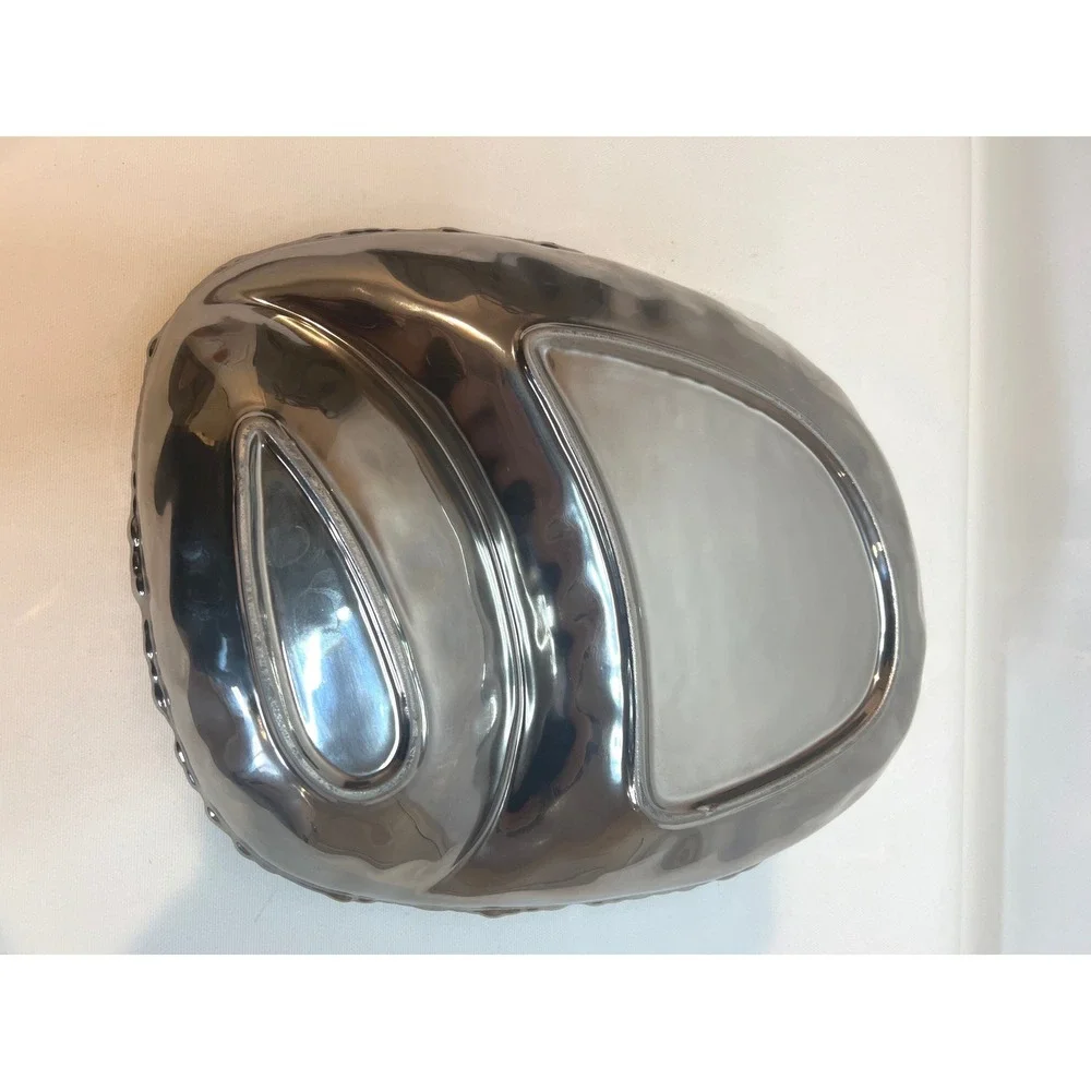 Metallic Silver Ceramic Serving Bowl Chip Dip Tray Divided Dish Appetizer Modern